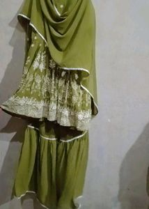 Olive Green Embroided Kurti With Garara &amp; Dupatta