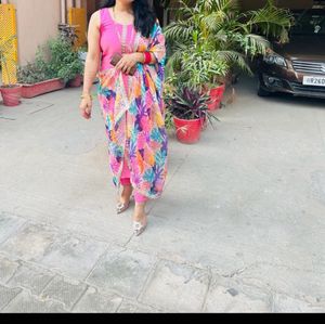 Pink Kurta Set With Floral Dupata