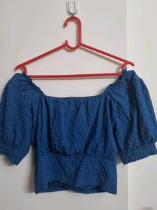 Blue Puff Sleeve Button-Up Top
