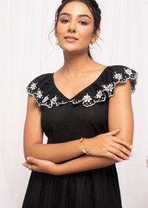 V-neck Cap Sleeves Fit&amp;Flare Dress