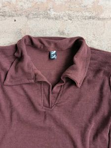 Brown Collar Ribbed Top