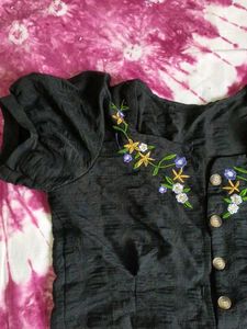 Black Embroidered Button-Up Top