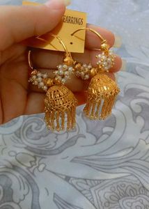 Golden Jhumka Earrings with Pearls