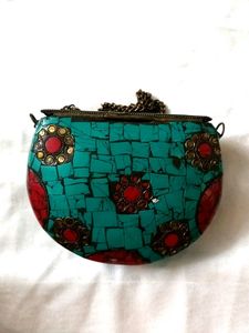 Turquoise And Coral Mosaic Stone Chain Sling Bag