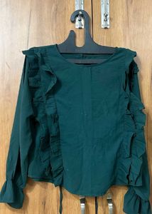 Green Ruffle Trim Blouse