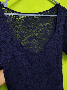 Backless Net Navy Blue Lace Fit &amp; Flare Dress