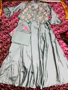 Grey Floral Embroidered Anarkali Suit Set
