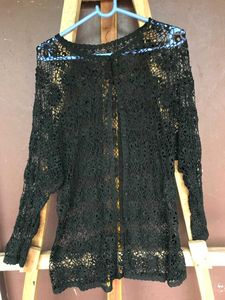 Black Crochet Button-Down Top