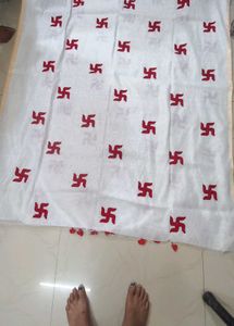 White And Red Swastik Print Saree