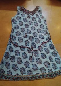 Ethnic blockprint dress with gota+mirror on neck