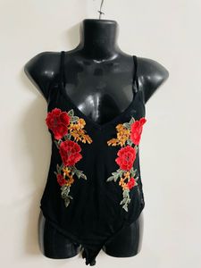 Black Embroidered Bodysuit