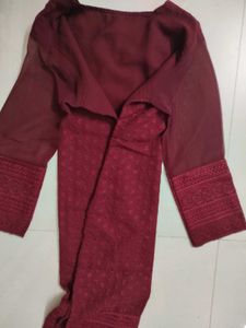 Maroon Chikankari Kurta With Net Sleeves