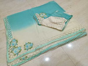 Turquoise & Off-white Shaded Saree