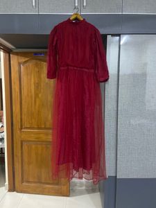 red net gown with pearls