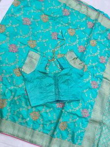 Teal Banarasi Silk Saree with Blouse