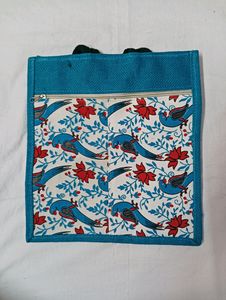 Parrot Printed Jute Shopping Bag With Double Zip..
