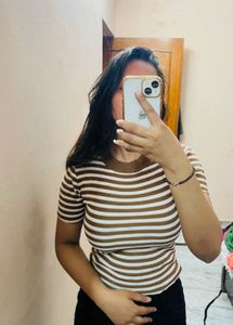 Brown &amp; White Striped Fitted Ribbed Top