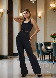 shein sleeveless ribbed Black ctop top & Wide Leg