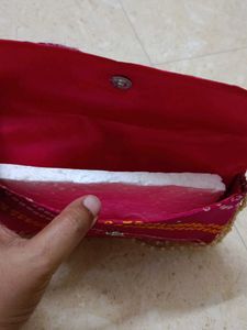 Pink Bandhani Clutch with Beaded Strap