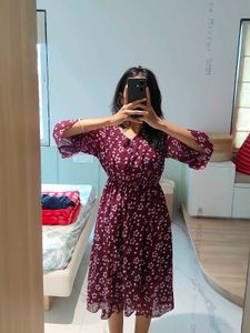 Maroon Fit &amp; Flare Midi Dress with Bell Sleeves