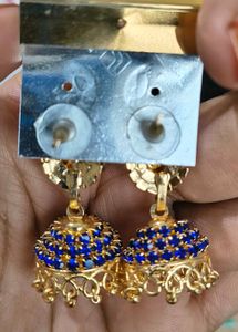 Blue &amp; Gold Jhumka Earrings