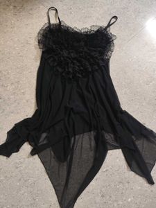 Black Lace Front Asymmetrical Mesh Top