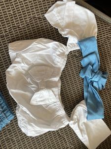 Off Shoulder White &amp; Blue Coord Set With Hairband