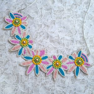 Blue Pink Beaded Floral Necklace Set