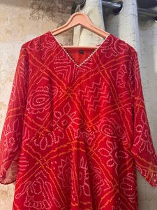 Red Bandhani Print Full Size Gown, Bust- 40/42