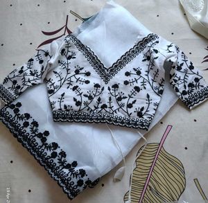 Elegant White &amp; Black Georgette Saree