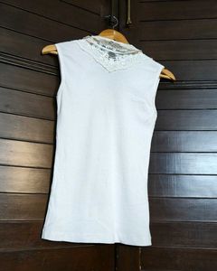 Women White Lace Neck Design Cotton Casual Top