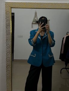 Aqua Blue Single Breasted Blazer with Sequins Bead