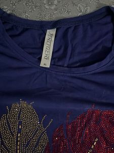 Navy Blue Feather Embellished Tee