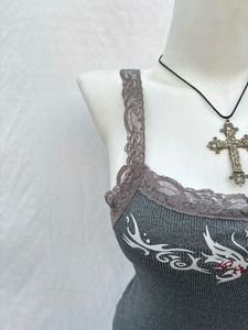 Grey Grunge Lace Trim Tank Top