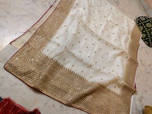 Elegant White &amp; Gold Embroidered Saree Need Dry Cl