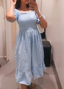 Light Blue Checked Calf Length Casual Women Slim F