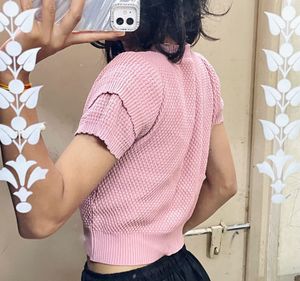 Pink Ruffled Sleeve Knit Top