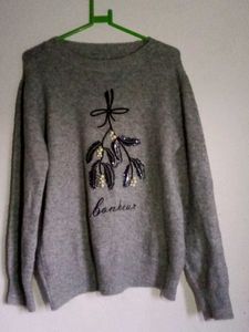 Gray Embellished Knit Sweater