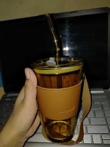 Glass Tumbler/ Sipper With Straw Leather Handle