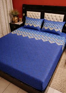 Blue Geometric Double Bedsheet with 2 Covers