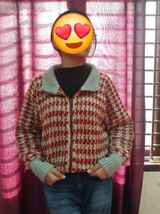 Houndstooth Zip-Up Knit Jacket