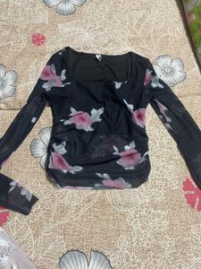 Black Floral Square Neck Top
