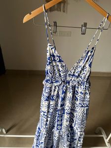 Blue-White Pattern Strappy Maxi Dress