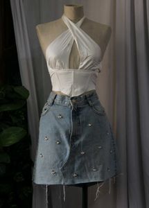 Zara Rhinestone Denim Mini Skirt