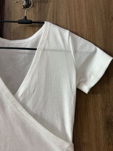 White Ribbed Wrap design Top