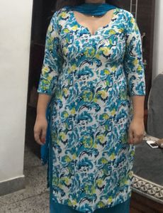 Blue Sweetheart Neck Kurta Set