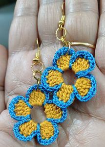 Yellow Blue Crochet Flower Earrings