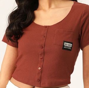 Stylish Brown Ribbed Crop Top