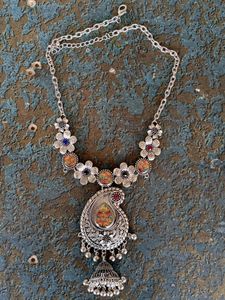 Floral Silver Jhumka Necklace