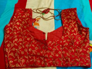 Designer Red Brocade Blouse with Golden Embroidery